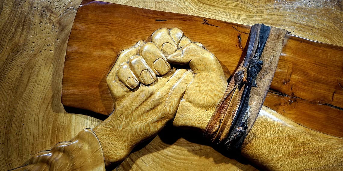 brown wooden hand emboss decor