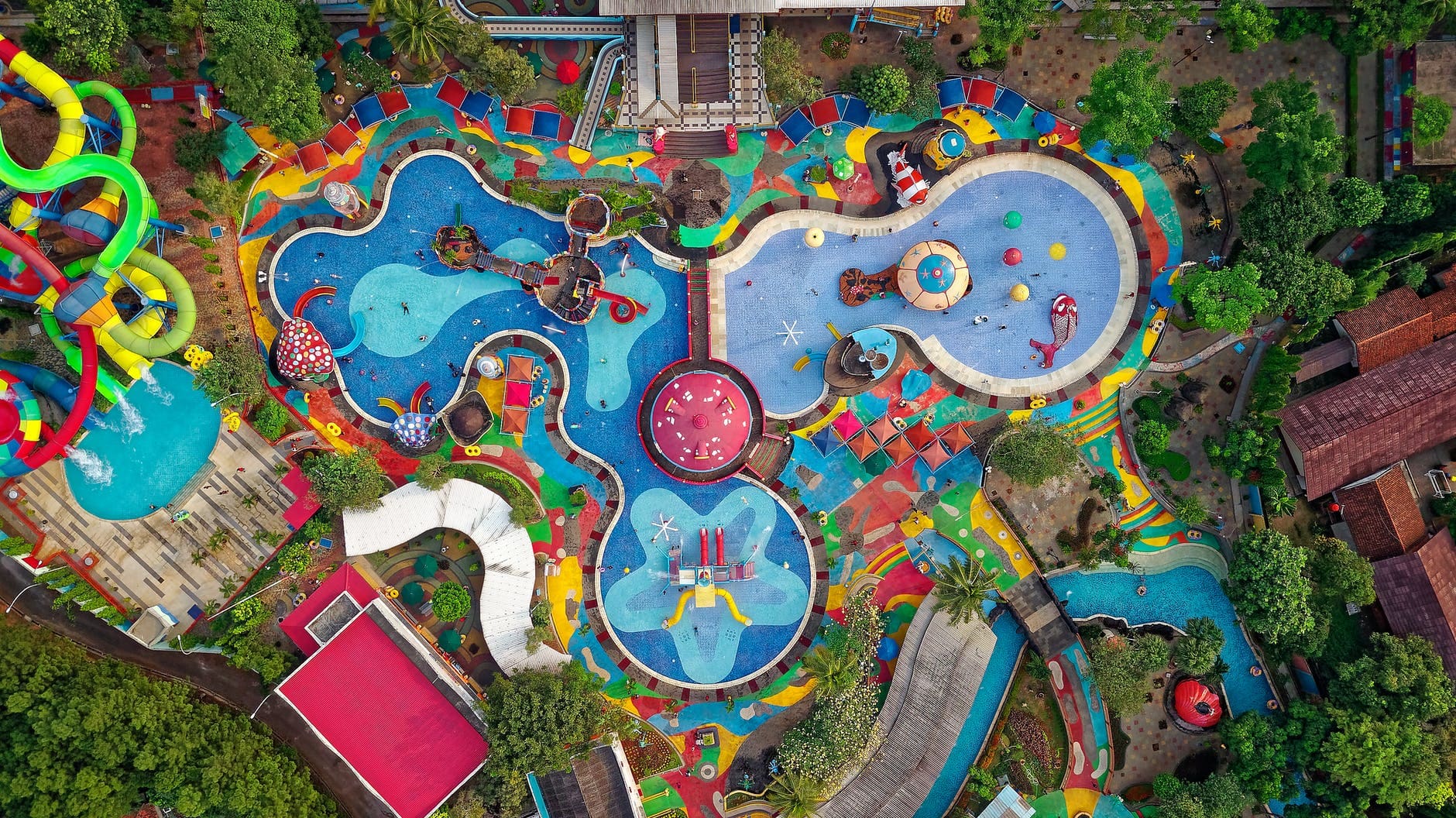 bird s eye view of swimming pool and slides